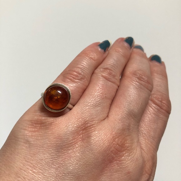 Vintage stamped sterling silver amber cabochon ring sz 6.25 glows - Picture 2 of 13